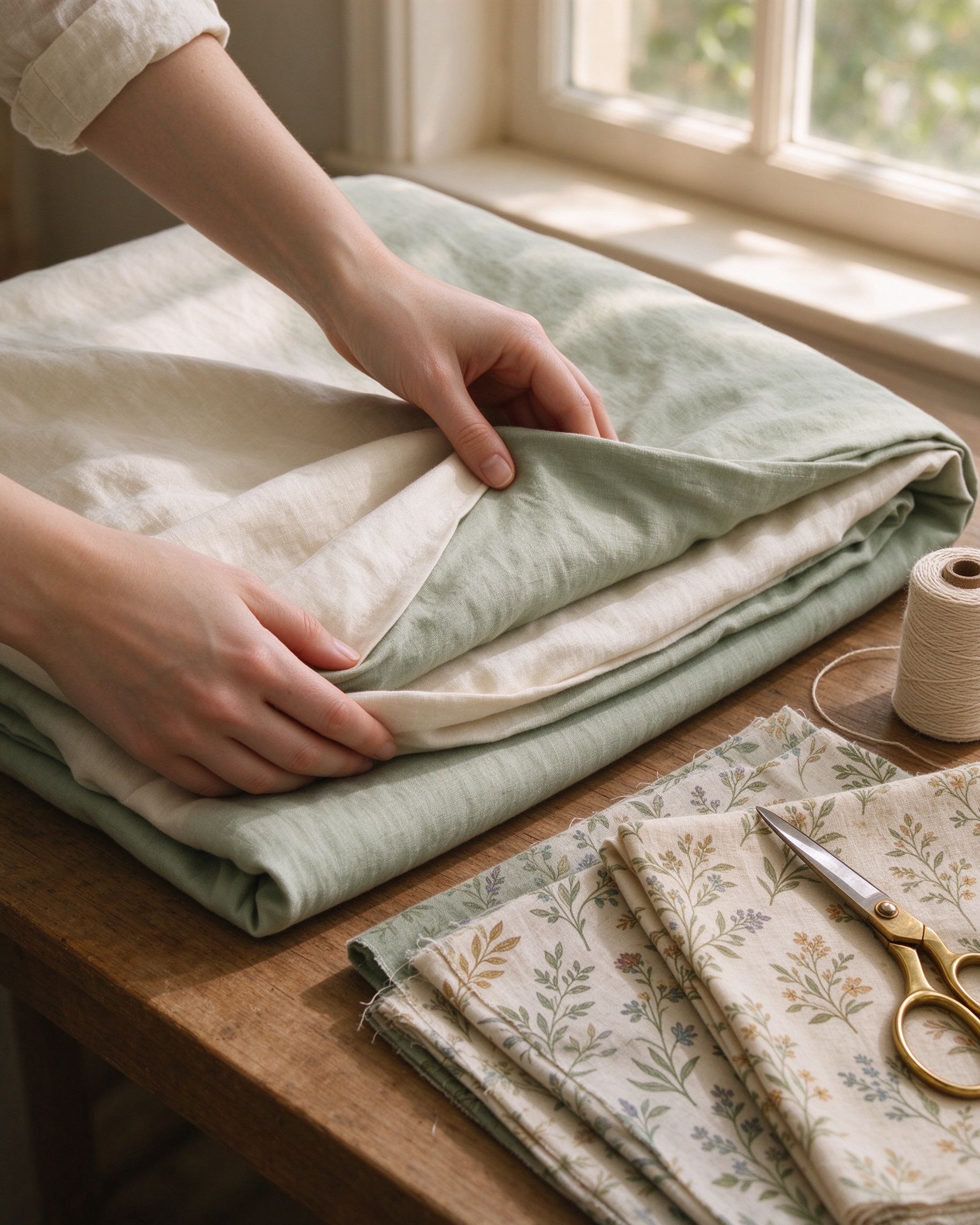 Hands folding a crisp sage and cream linen duvet cover beside fabric swatches and brass scissors