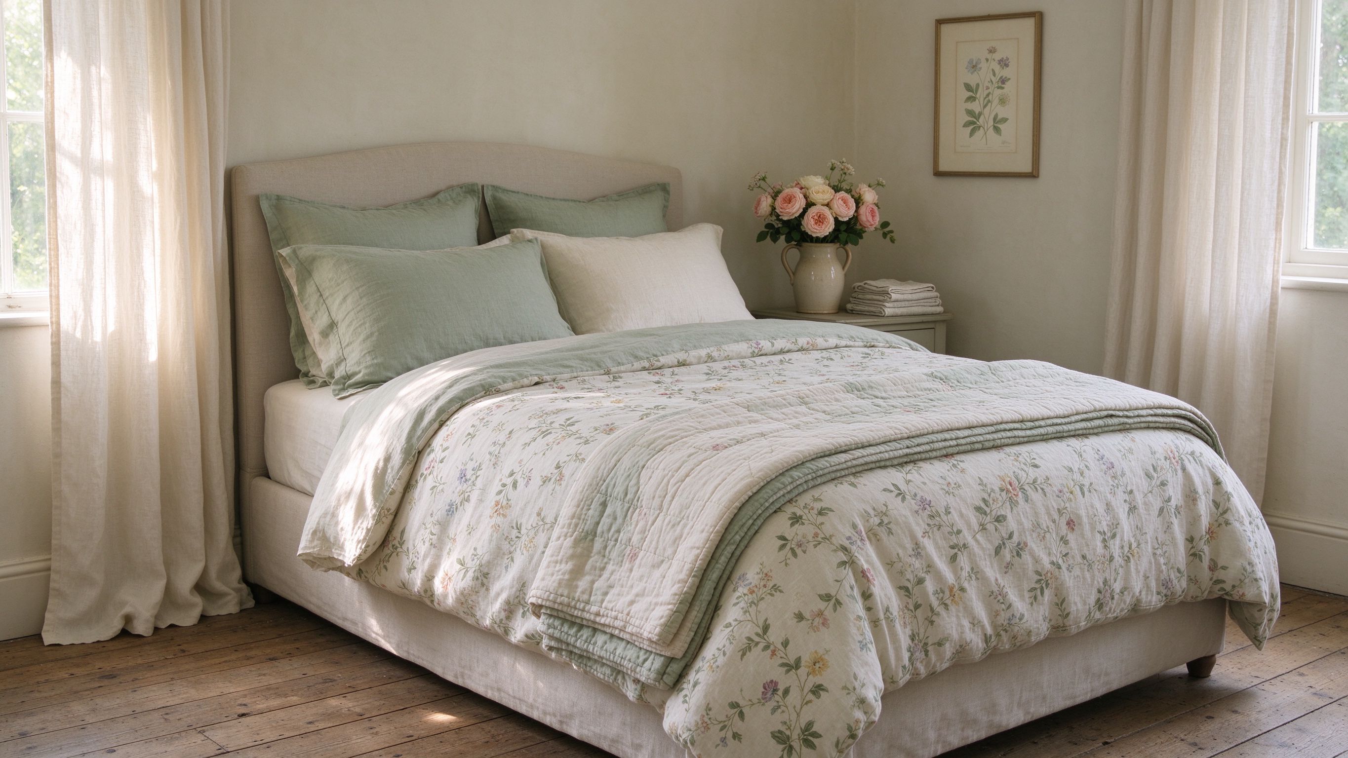 An English country bedroom dressed in layered sage-green and cream linen bedding with garden roses