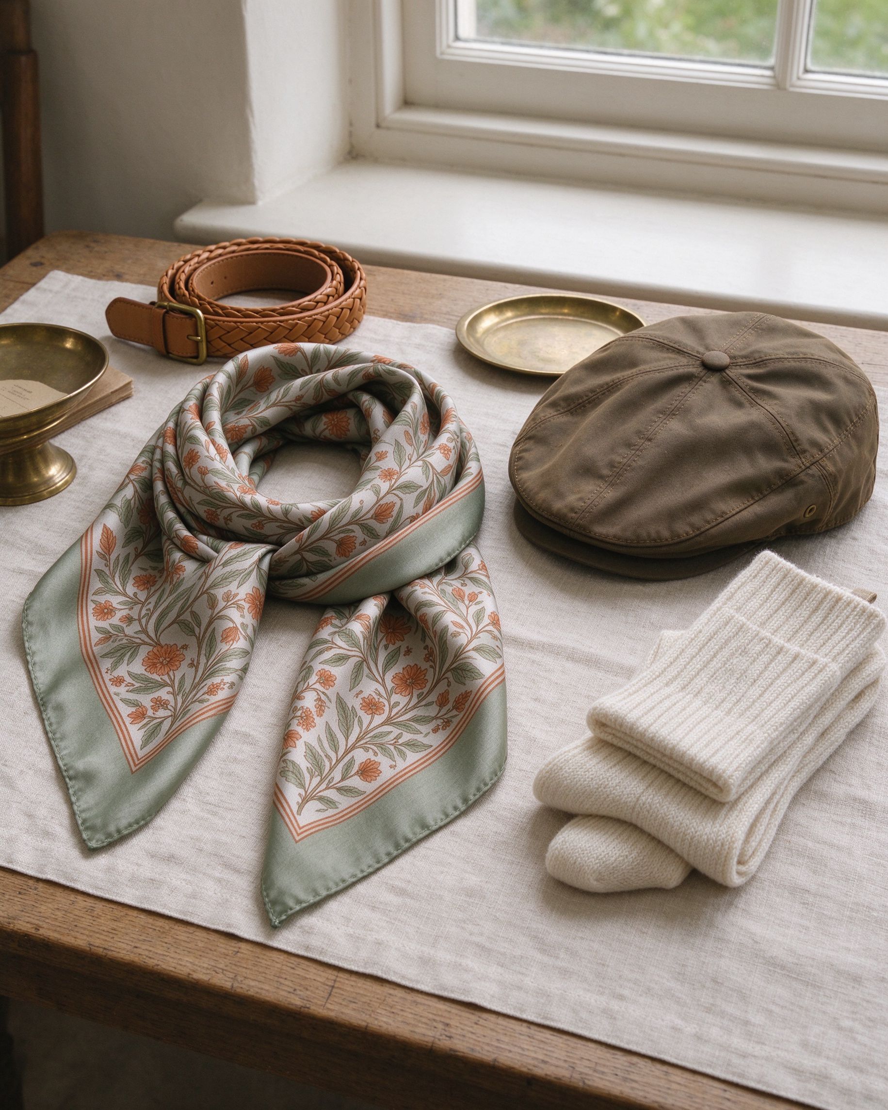 Sage Trail scarf with botanical print, braided belt, flat cap and rolled socks