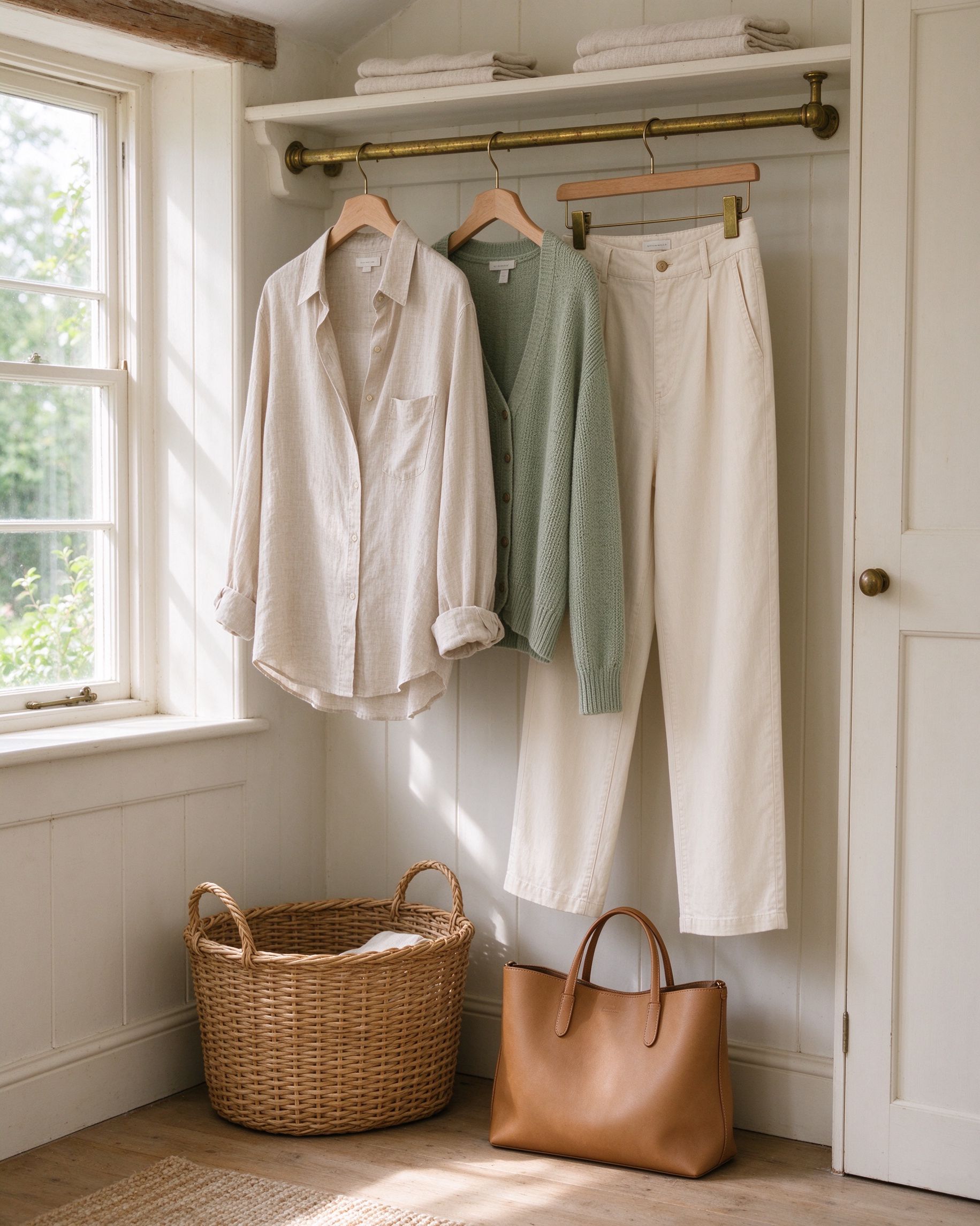 Oat linen shirt, sage cardigan and cream trousers hanging on brass hangers