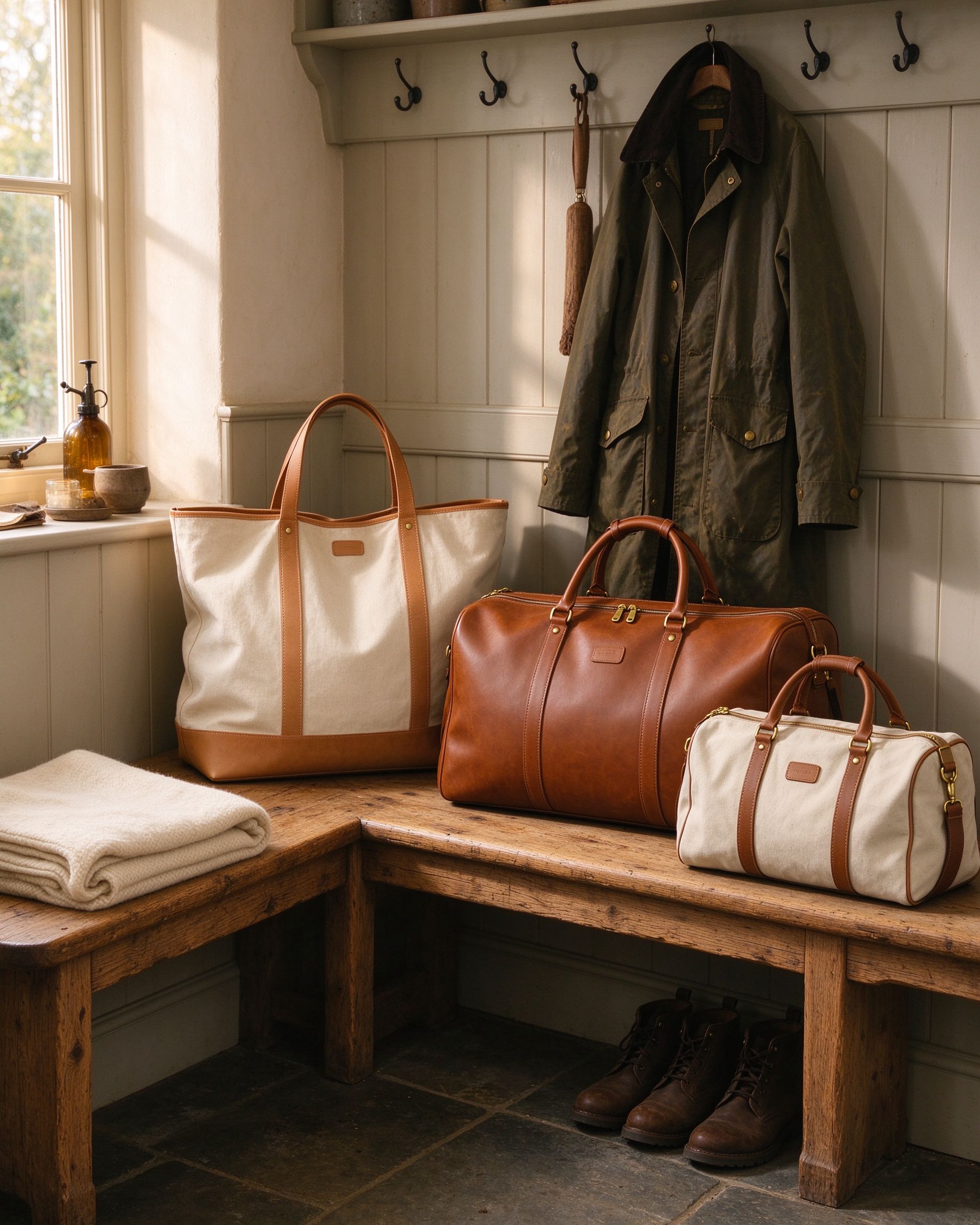 Haworth weekender, canvas tote and cotton duffel on a rustic oak bench