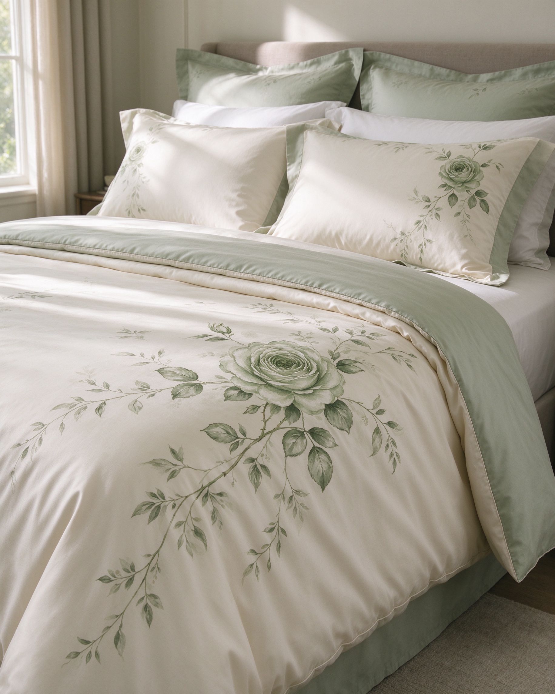 Rosebourne duvet set — cream cotton sateen with sage garden rose print