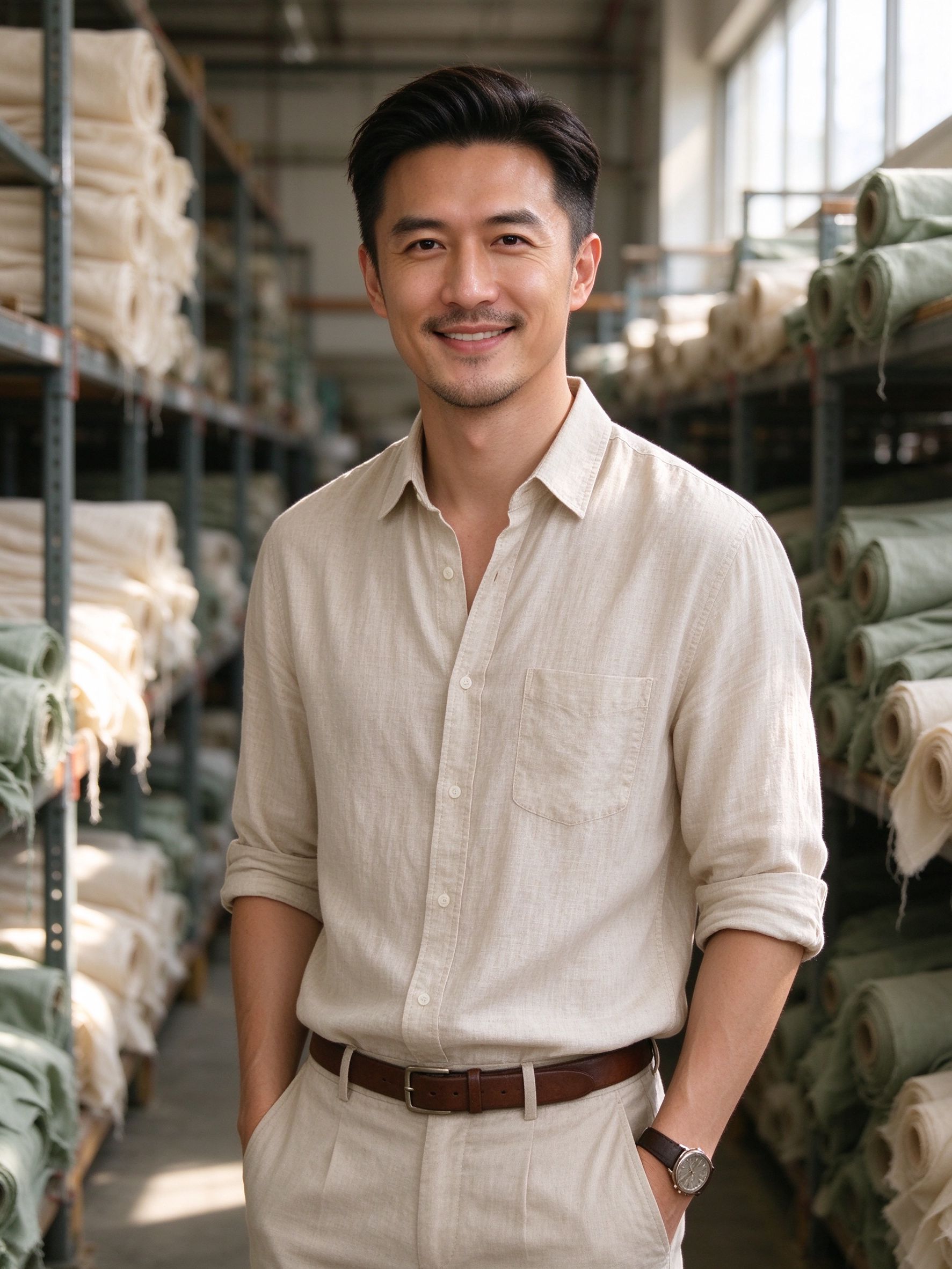 Portrait of Alan Hao, founder, among fabric rolls in the HAONGAN LTD warehouse