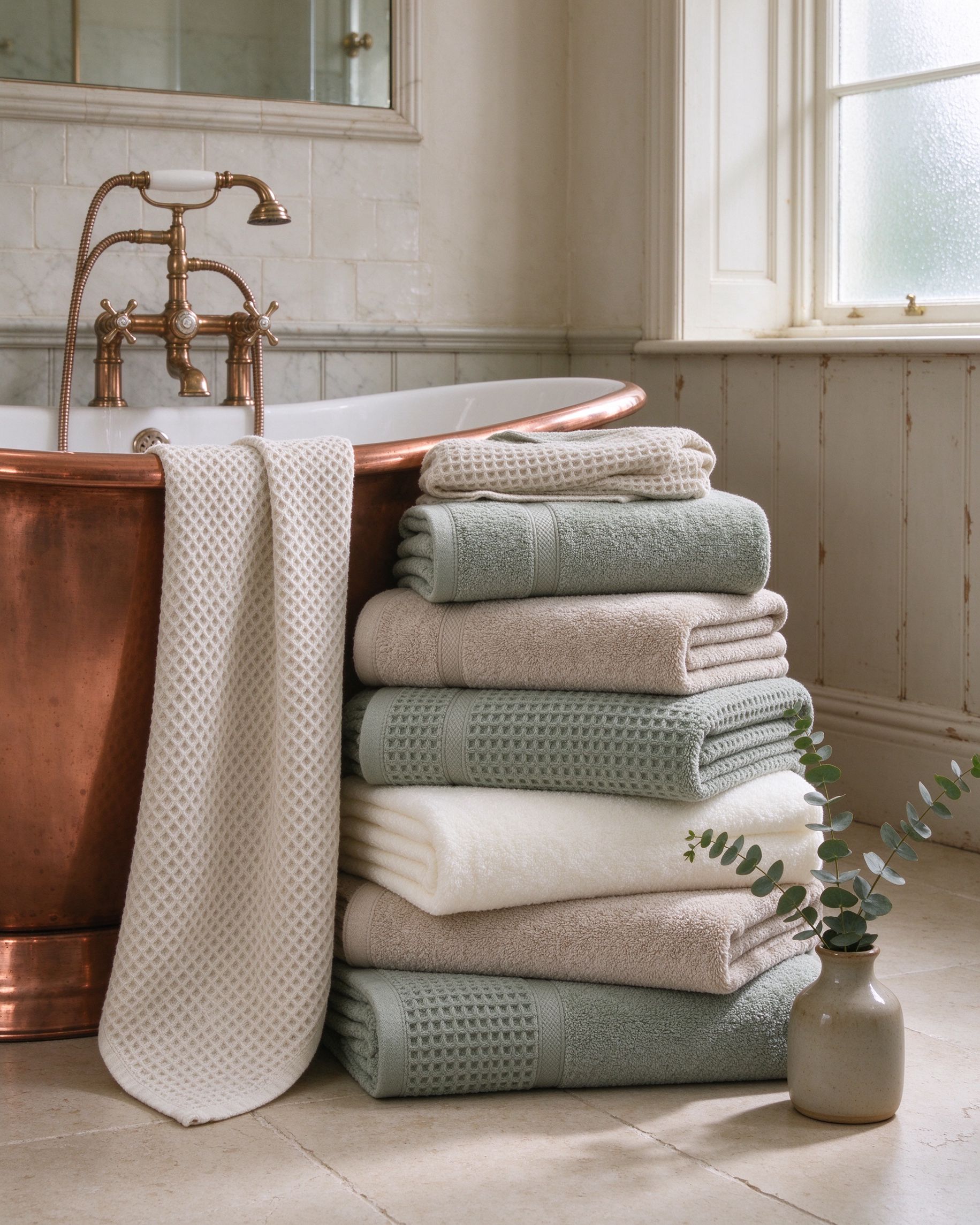 Linford bath towels — stack of sage, oat and cream cotton terry beside a copper tub