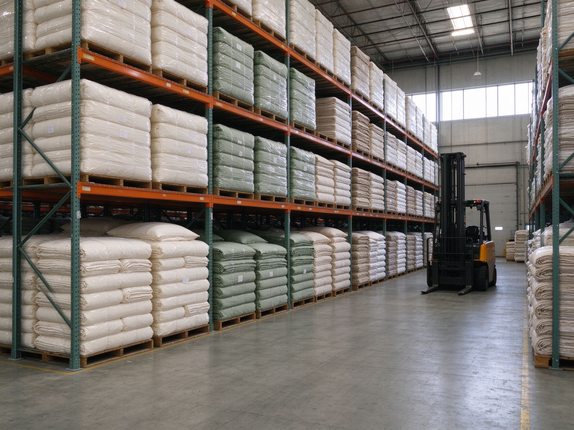 Pallet racks with wrapped textile bales in the HAONGAN LTD warehouse